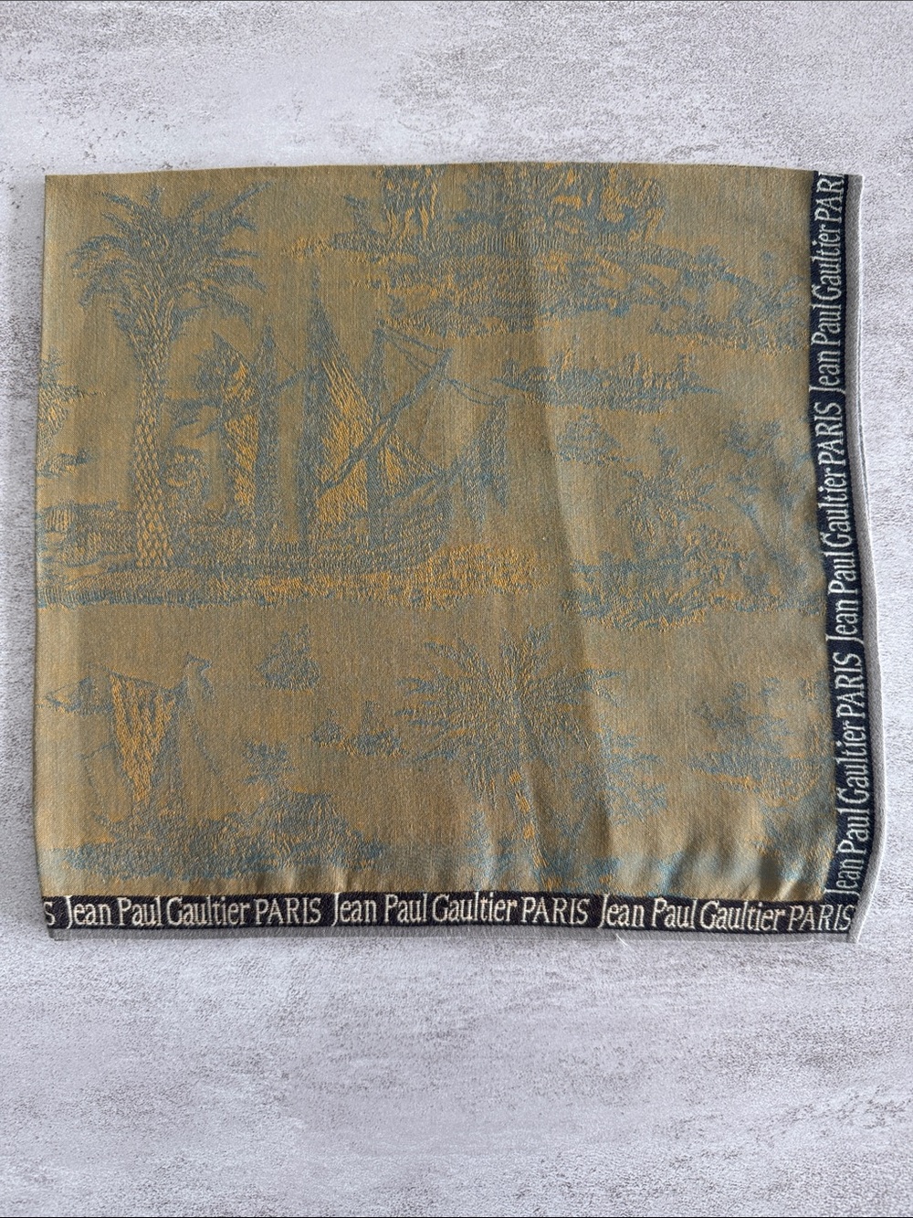 Jean Paul Gaultier Gold and Gray Branded Border Silk Scarf